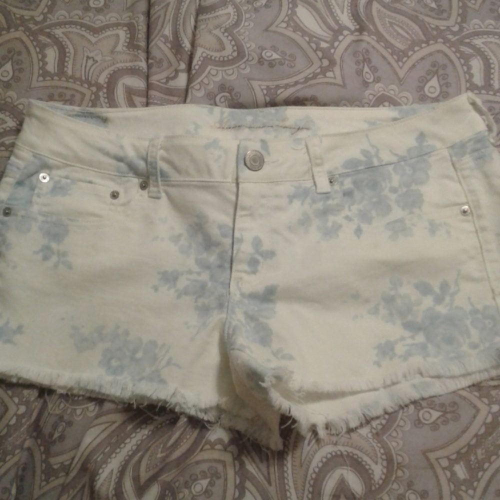 Blue and white floral shorts.
